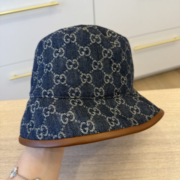 Gucci Blue Denim Leather Trim Large Bucket Hat