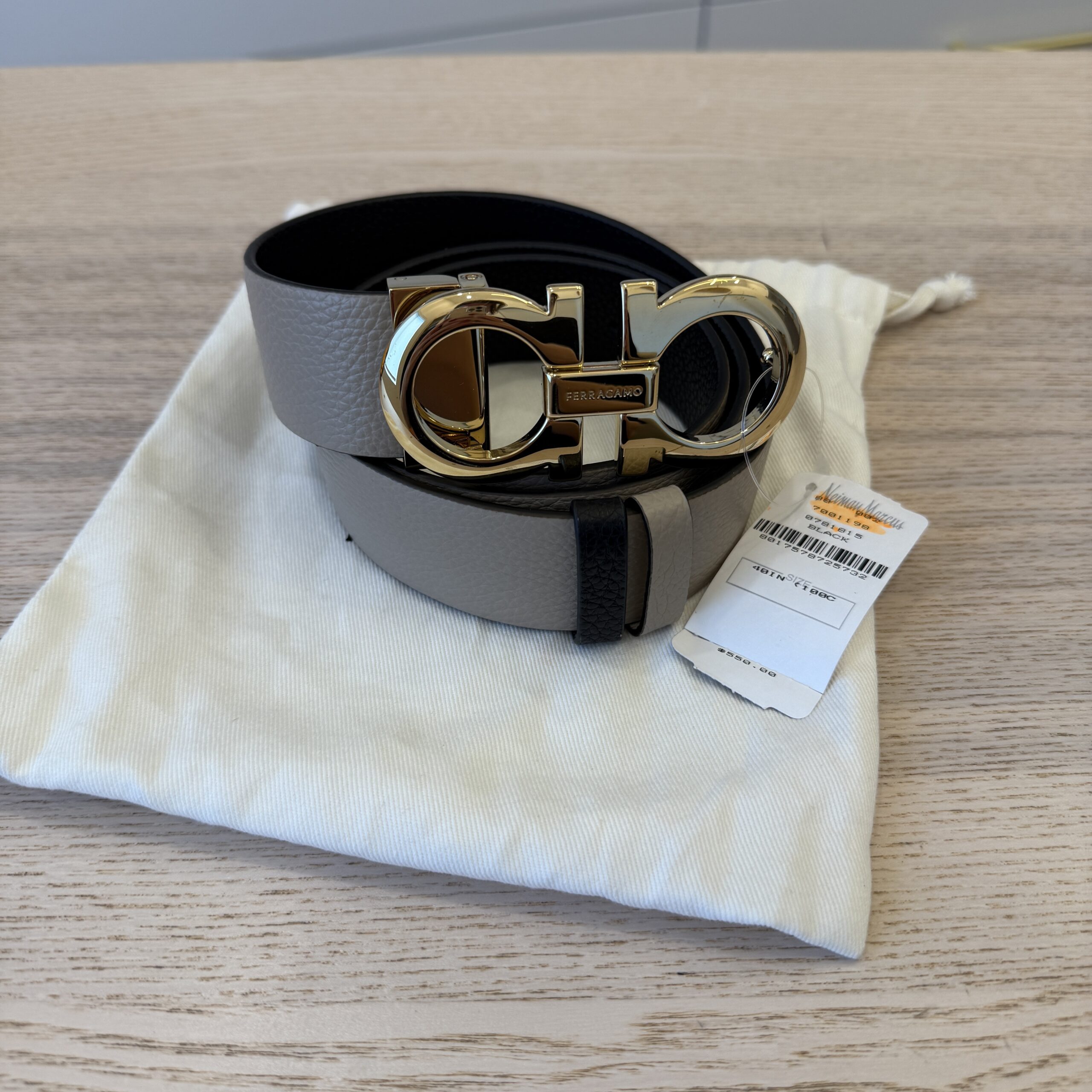 Salvatore Ferragamo Reversible and Adjustable Gancini Belt 32/80 Black and Tan