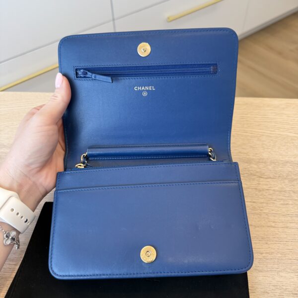 Chanel Lambskin Chevron Boy Wallet On Chain WOC Blue Light Gold Hardware