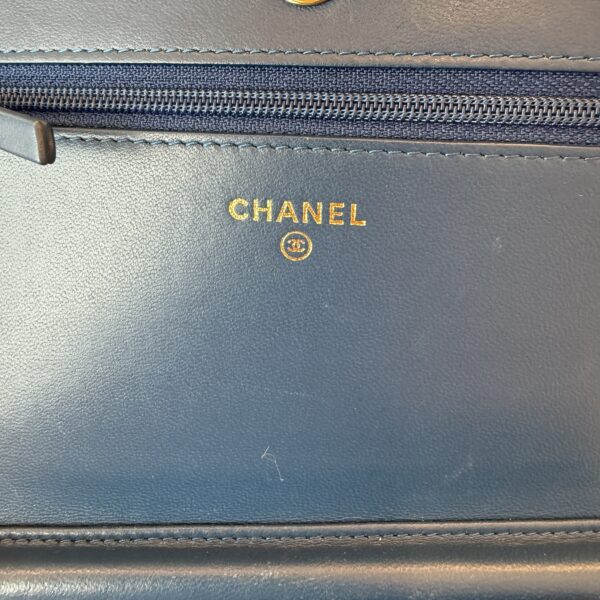 Chanel Lambskin Chevron Boy Wallet On Chain WOC Blue Light Gold Hardware