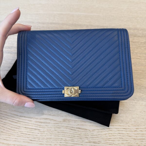 Chanel Lambskin Chevron Boy Wallet On Chain WOC Blue Light Gold Hardware
