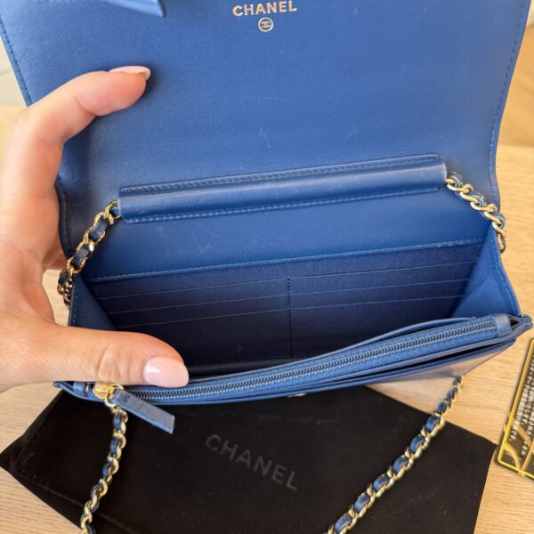 Chanel Lambskin Chevron Boy Wallet On Chain WOC Blue Light Gold Hardware