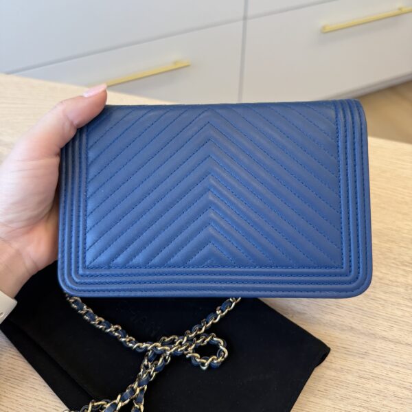 Chanel Lambskin Chevron Boy Wallet On Chain WOC Blue Light Gold Hardware