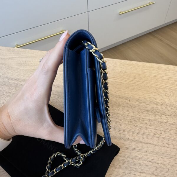 Chanel Lambskin Chevron Boy Wallet On Chain WOC Blue Light Gold Hardware