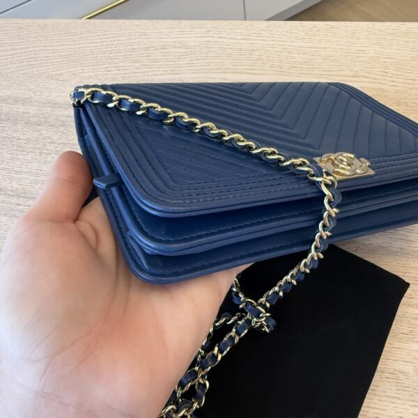 Chanel Lambskin Chevron Boy Wallet On Chain WOC Blue Light Gold Hardware