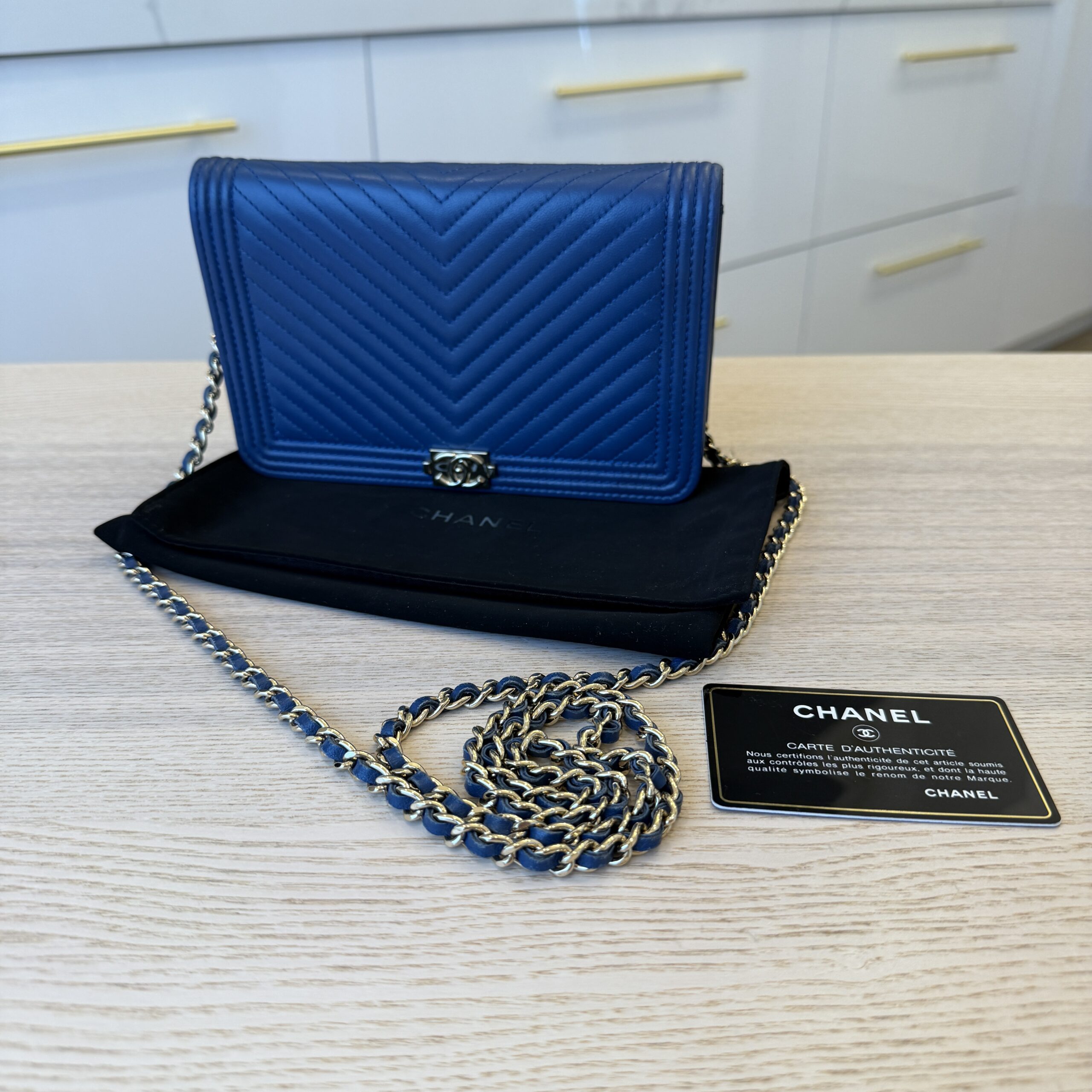 Chanel Lambskin Chevron Boy Wallet On Chain WOC Blue Light Gold Hardware