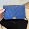 Chanel Lambskin Chevron Boy Wallet On Chain WOC Blue Light Gold Hardware