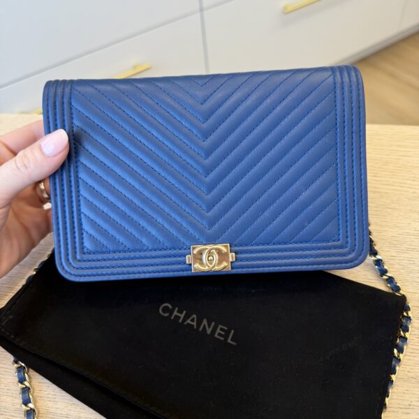 Chanel Lambskin Chevron Boy Wallet On Chain WOC Blue Light Gold Hardware