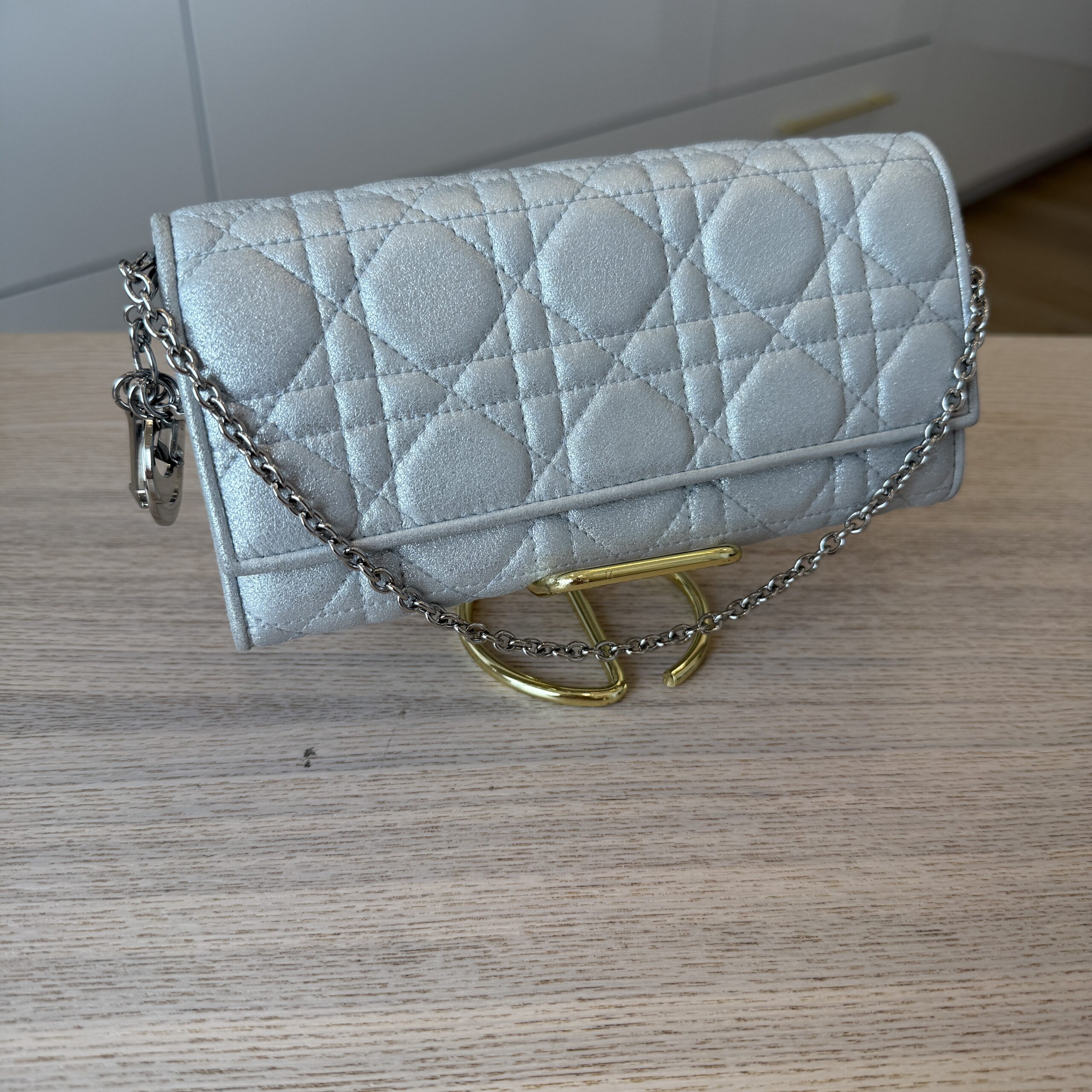 Christian Dior Metallic Silver Lambskin Wallet on Chain