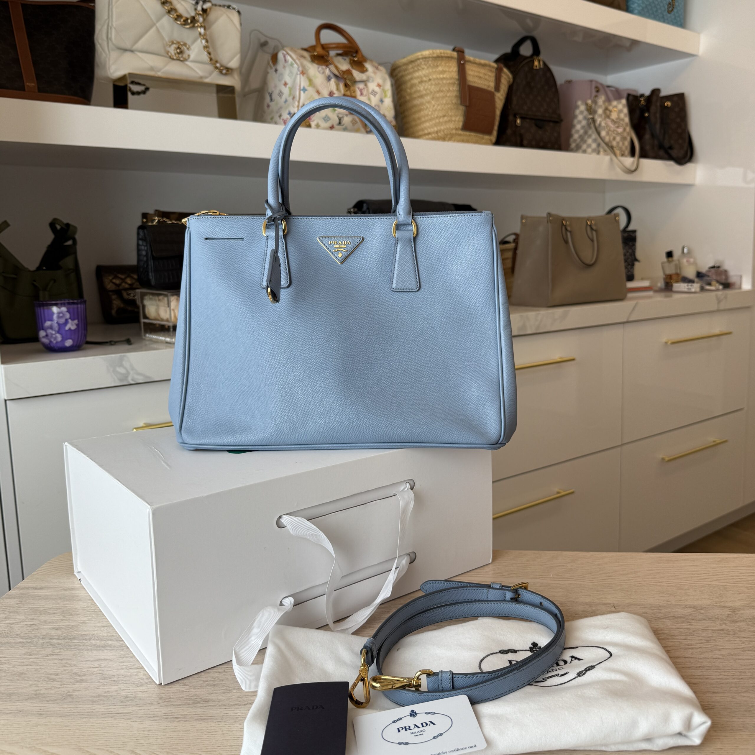 Prada Light Blue Saffiano Lux Leather Small Tote Bag