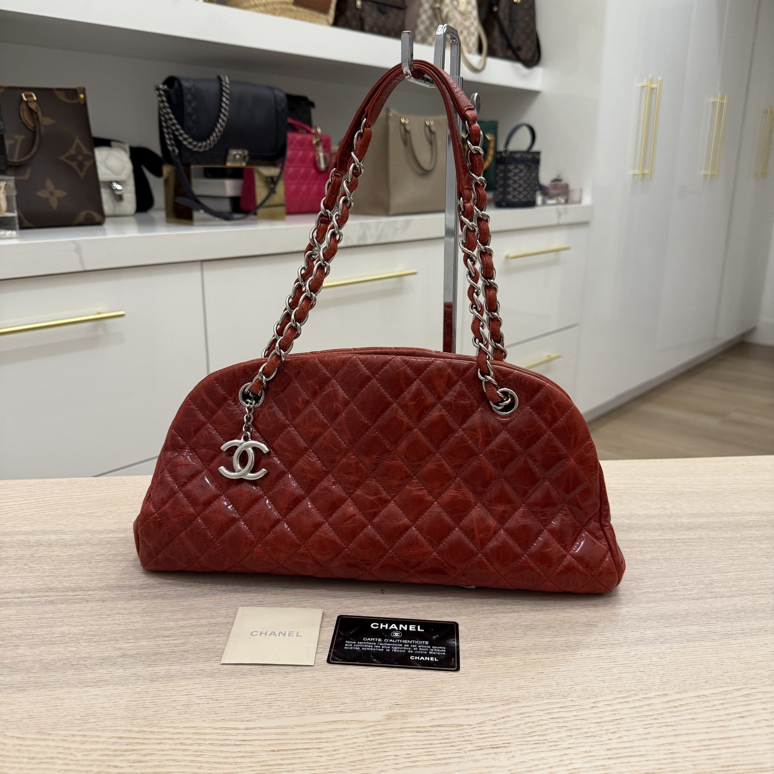 Chanel Red Crinkles Calfskin Leather Just Mademoiselle Bowling Bag