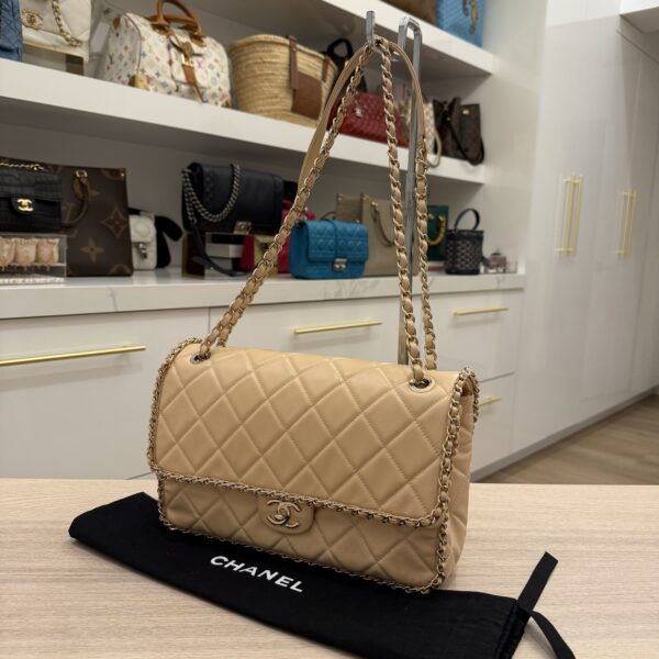 Chanel Chanel Beige Crumpled Calfskin Medium Chain All Over Flap Bag Beige Gold Hardware