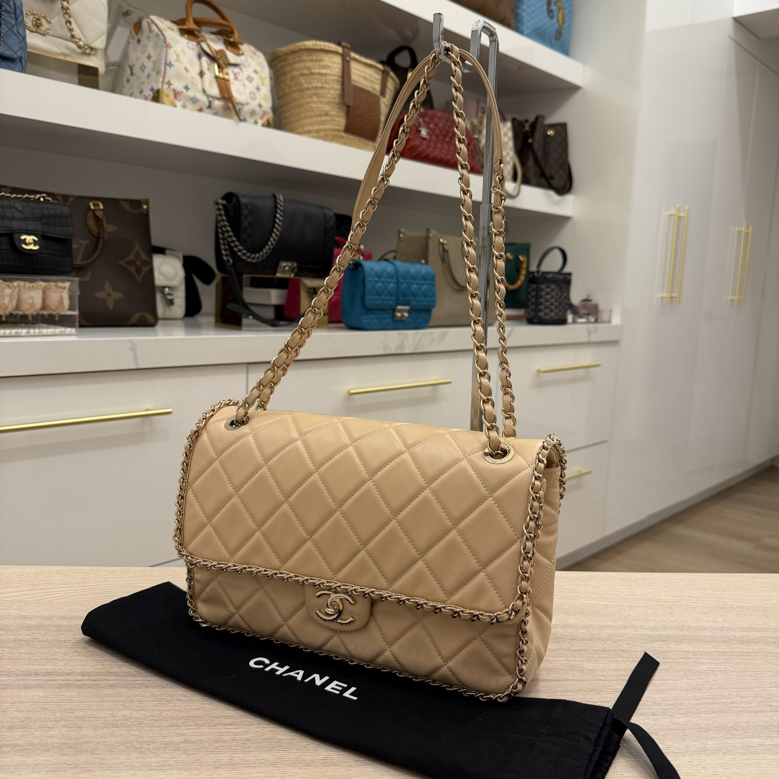 Chanel Chanel Beige Crumpled Calfskin Medium Chain All Over Flap Bag Beige Gold Hardware