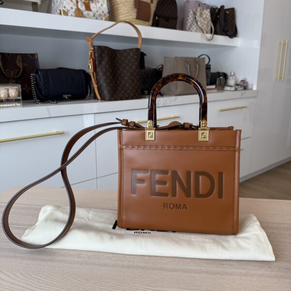 Fendi Sunshine Small Black Leather Shopper Tan