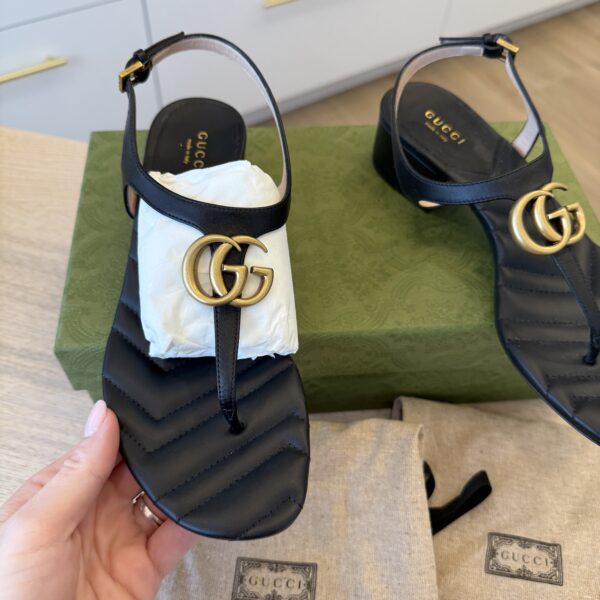 Gucci Double G Marmont Black Heeled Thong Leather Sandal 37.5