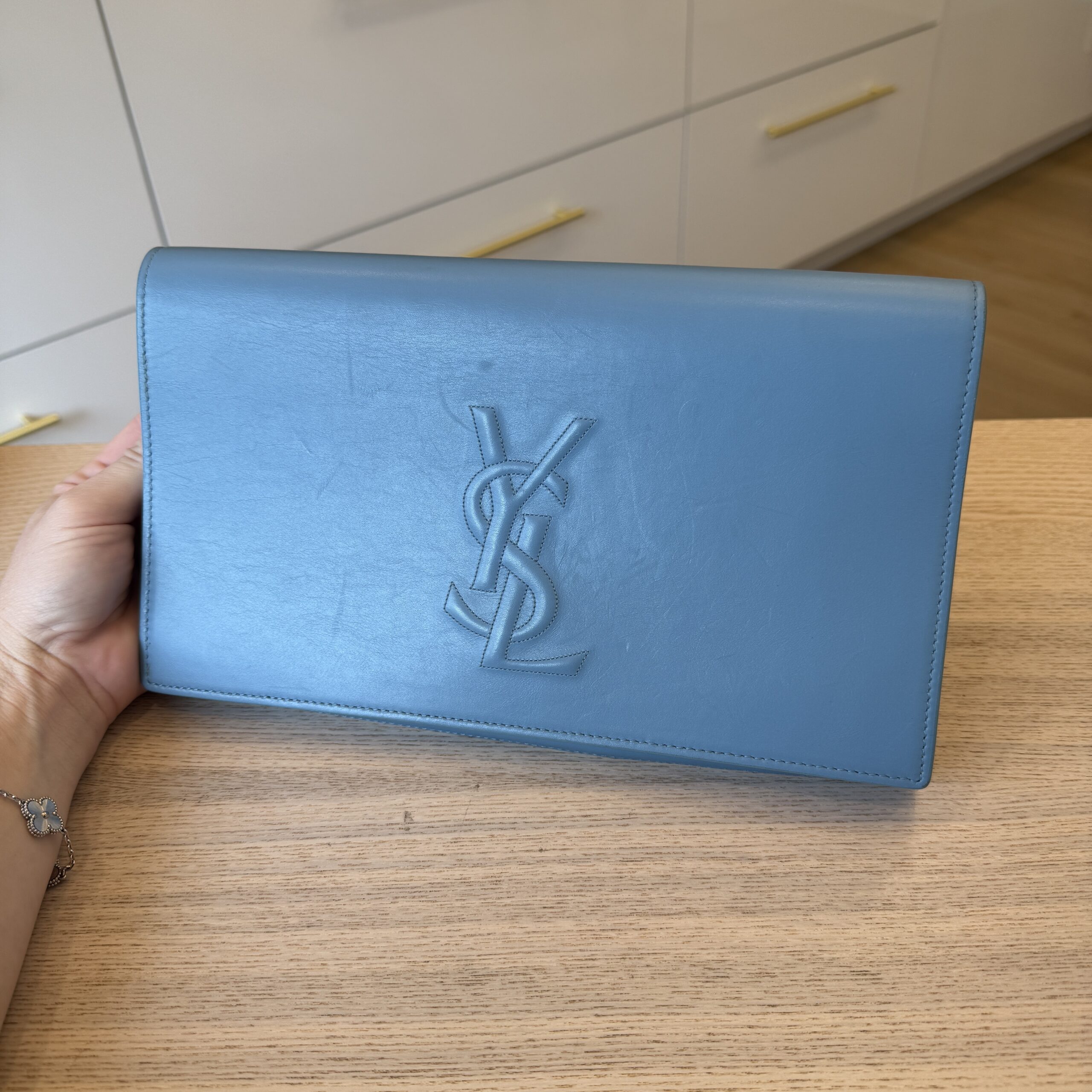 Saint Laurent (YSL) Calfskin Monogram Large Belle De Jour Clutch Blue