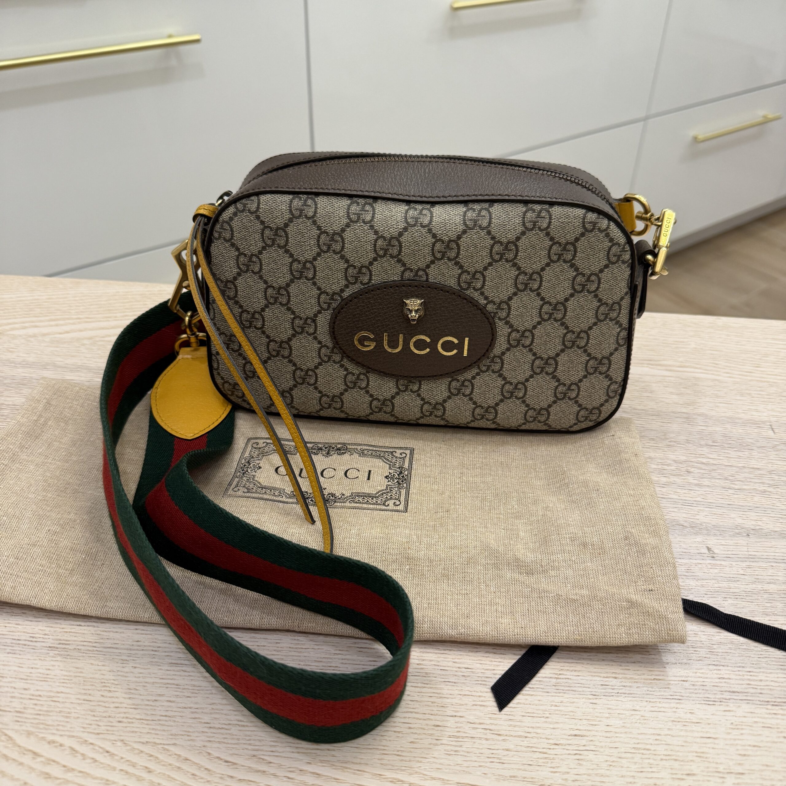 Gucci GG Supreme Monogram Neo Vintage Web Shoulder Bag Brown Yellow