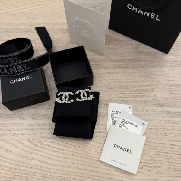 Chanel Silvertone Metal And Crystal Starfall CC Stud Earrings