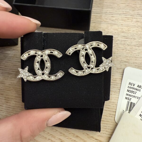 Chanel Silvertone Metal And Crystal Starfall CC Stud Earrings