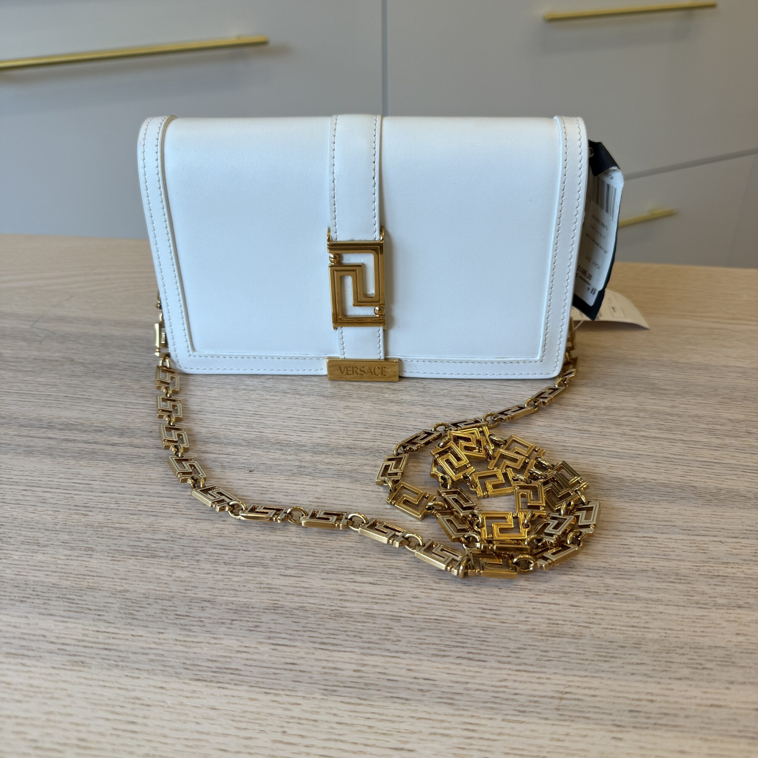 Versace Greca Goddess Leather Chain Wallet White