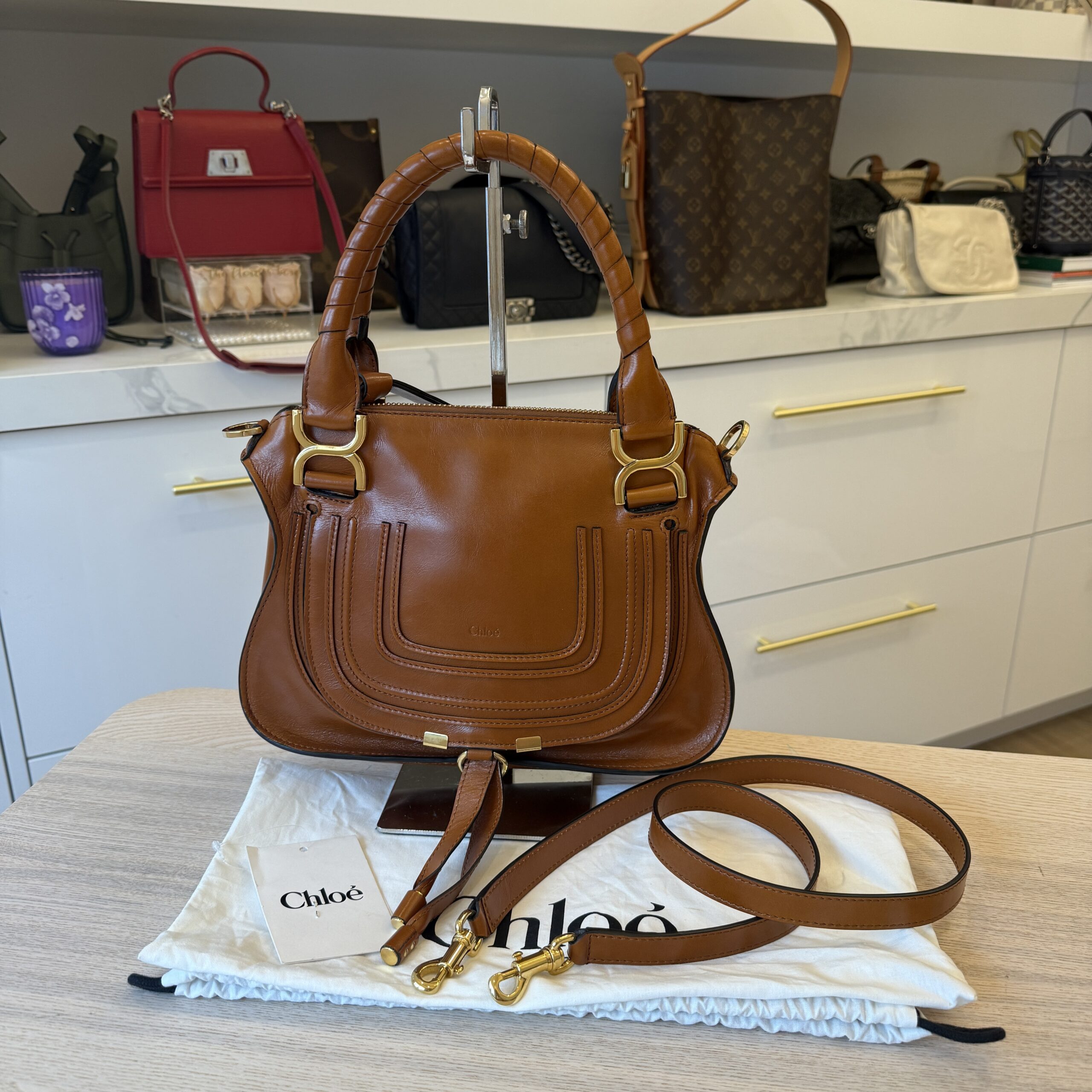 Chloe Marcie Small Satchel Bag in Grained Calfskin Clay Brown