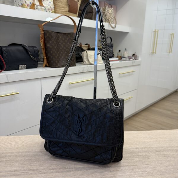 Saint Laurent (YSL) Crinkled Calfskin Matelasse Monogram Medium Niki Chain Satchel Black