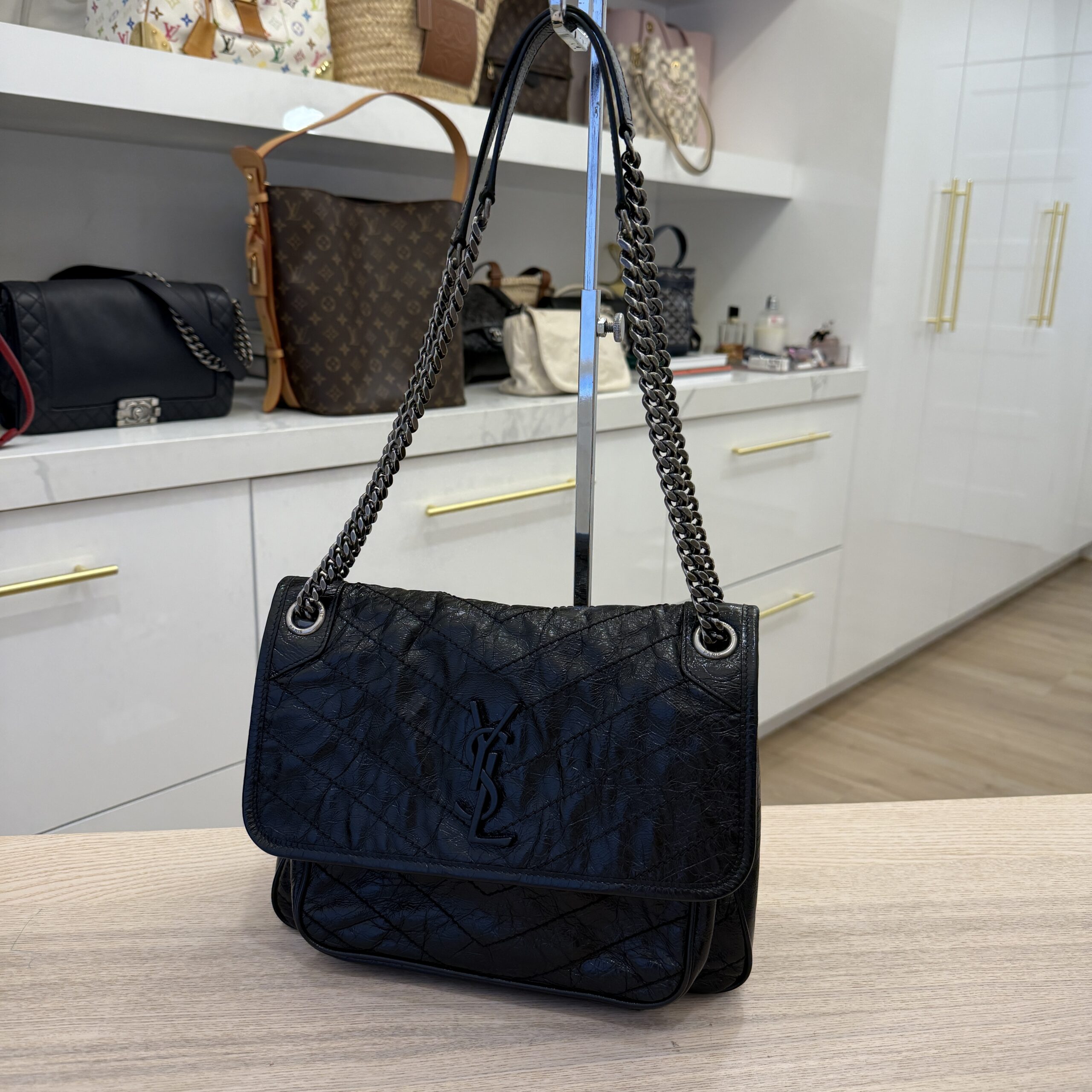 Saint Laurent (YSL) Crinkled Calfskin Matelasse Monogram Medium Niki Chain Satchel Black