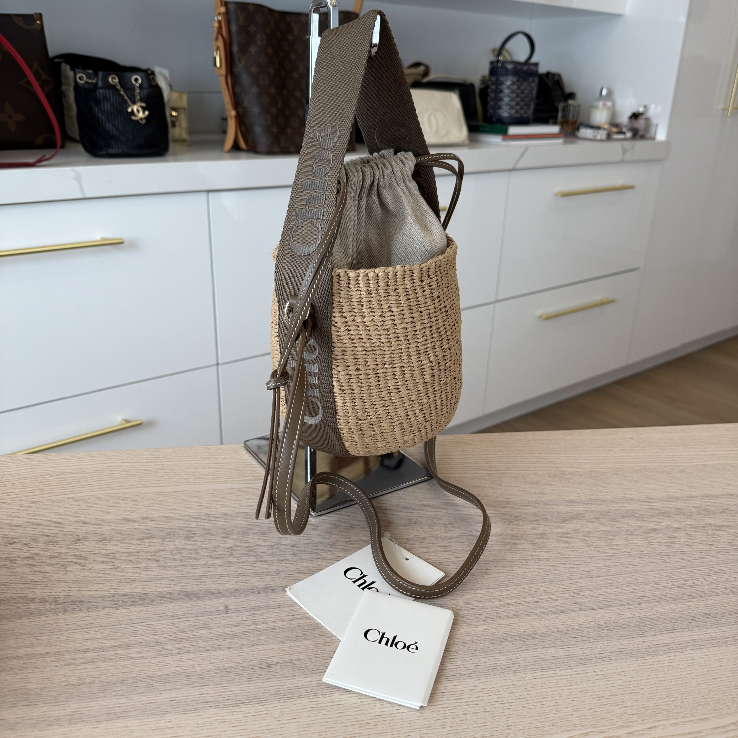 Chloe X MIFUKO Raffia Calfskin Small Woody Basket Shoulder Bag Dark Nut