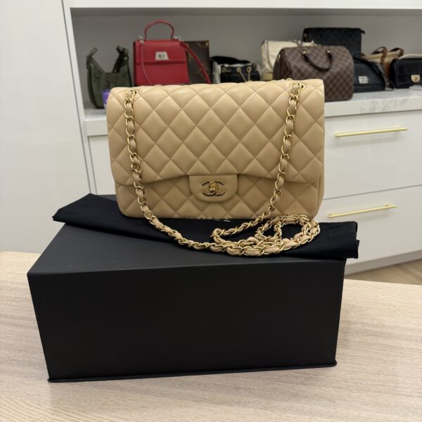 Chanel Lambskin Quilted Jumbo Double Flap Beige Claire Gold Hardware