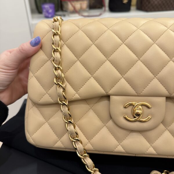 Chanel Lambskin Quilted Jumbo Double Flap Beige Claire Gold Hardware