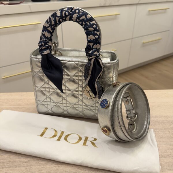 Christian Dior Metallic Grained Calfskin Cannage Small Lady Dior Silver and Silver Hardware