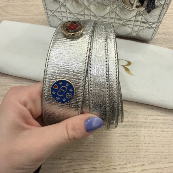 Christian Dior Metallic Grained Calfskin Cannage Small Lady Dior Silver and Silver Hardware