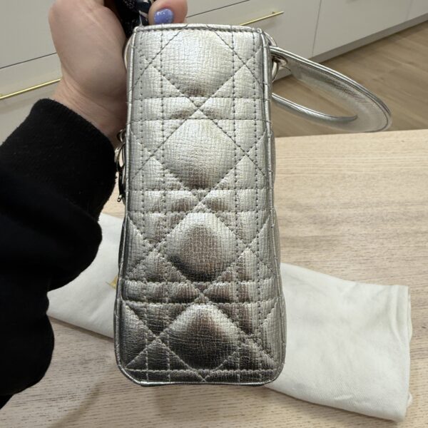 Christian Dior Metallic Grained Calfskin Cannage Small Lady Dior Silver and Silver Hardware