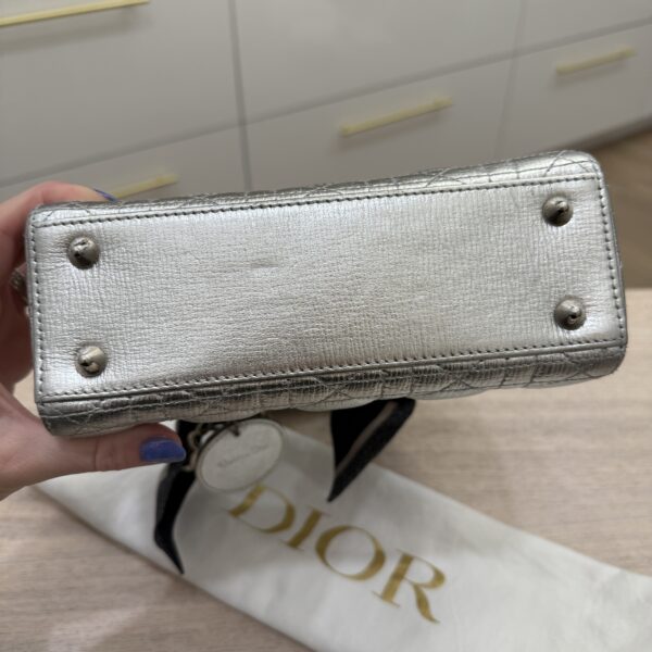 Christian Dior Metallic Grained Calfskin Cannage Small Lady Dior Silver and Silver Hardware