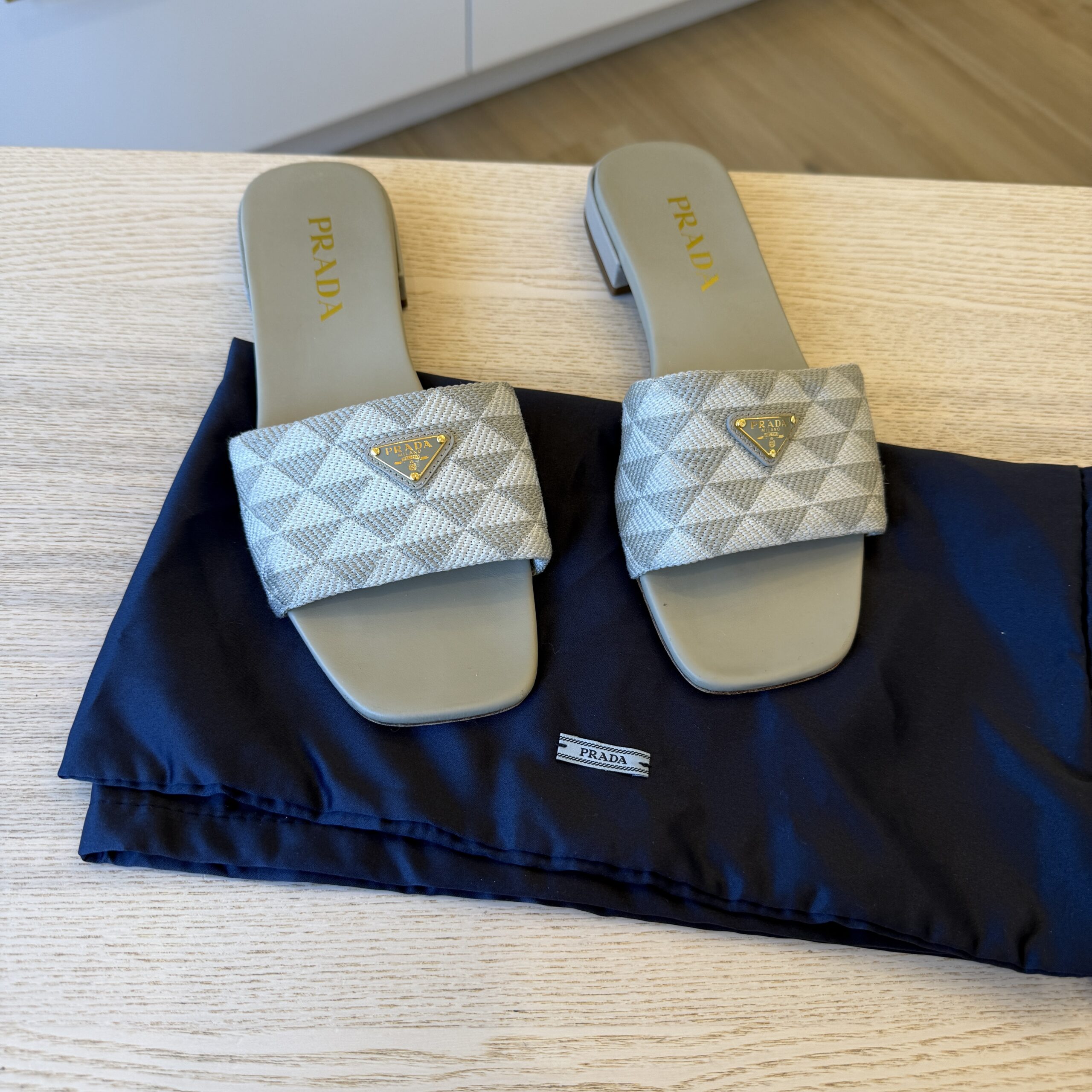 Prada Enameled Metal Triangle Canvas Slides Size 39