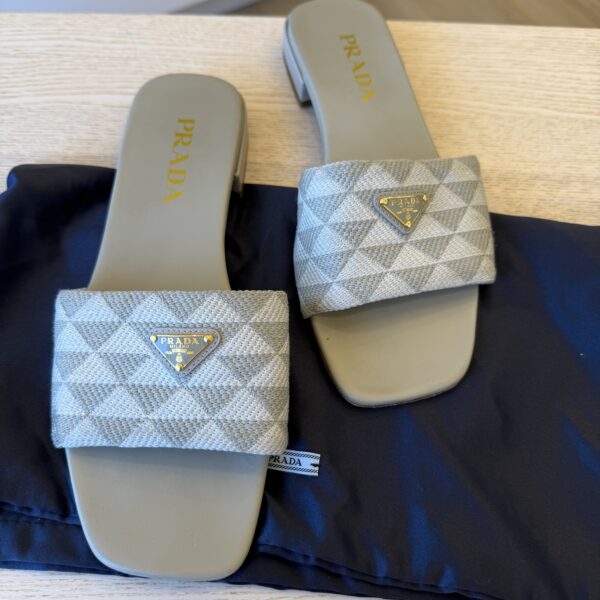 Prada Enameled Metal Triangle Canvas Slides Size 39