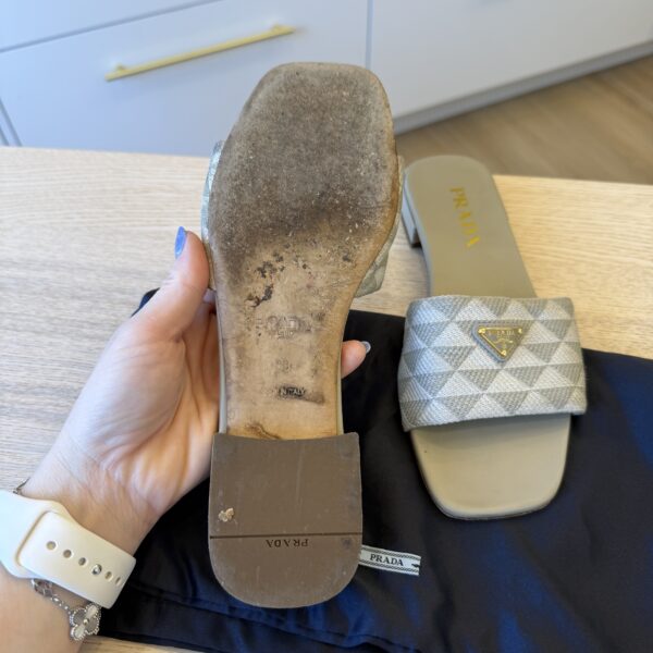 Prada Enameled Metal Triangle Canvas Slides Size 39