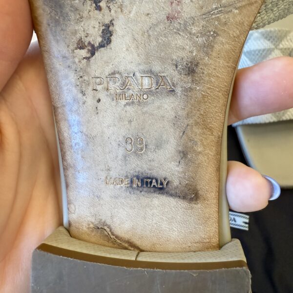 Prada Enameled Metal Triangle Canvas Slides Size 39