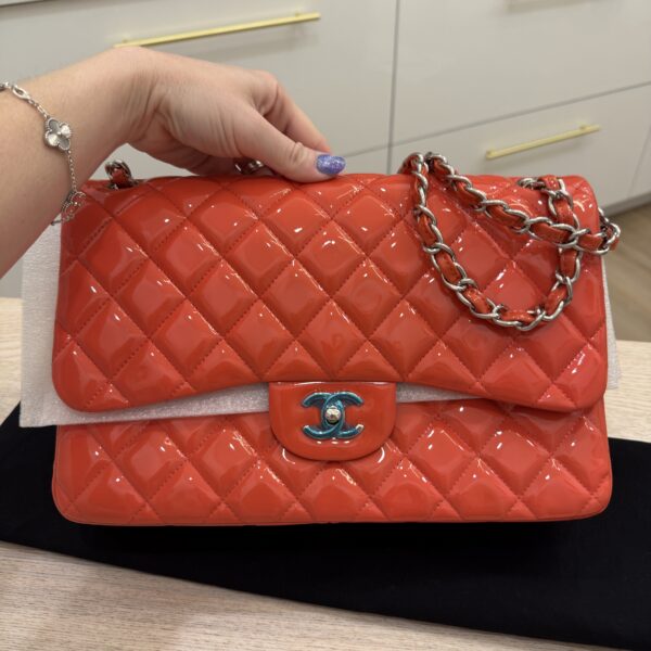 Chanel Patent Quilted Jumbo Double Flap Coral Silver Hardware