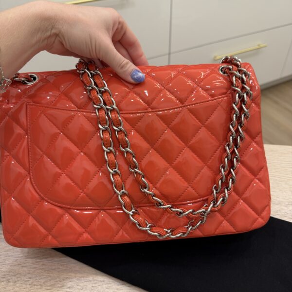 Chanel Patent Quilted Jumbo Double Flap Coral Silver Hardware