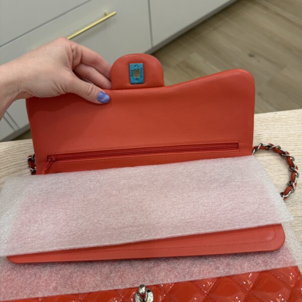 Chanel Patent Quilted Jumbo Double Flap Coral Silver Hardware