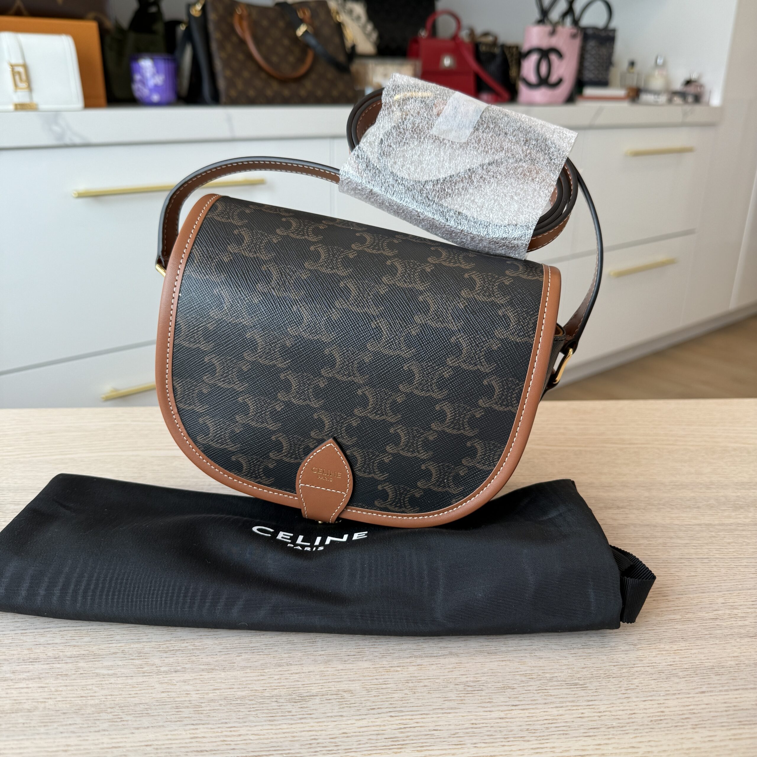 Celine Triomphe Canvas Medium Folco Bag Tan