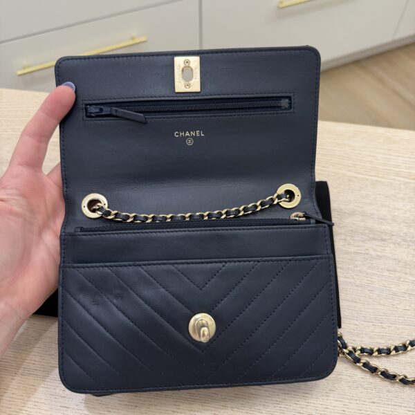 Chanel Lambskin Chevron Quilted Trendy CC Wallet On Chain WOC Navy