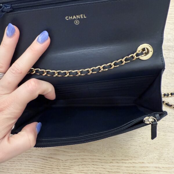 Chanel Lambskin Chevron Quilted Trendy CC Wallet On Chain WOC Navy