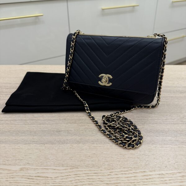 Chanel Lambskin Chevron Quilted Trendy CC Wallet On Chain WOC Navy