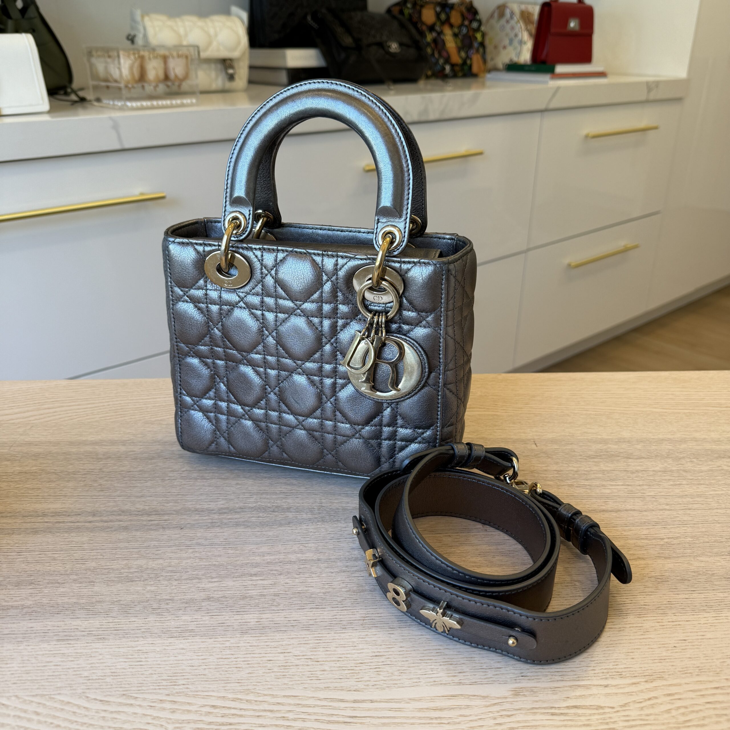 Christian Dior Lambskin Cannage Small Lady Dior Dark Metallic Gold Hardware My ABC Strap