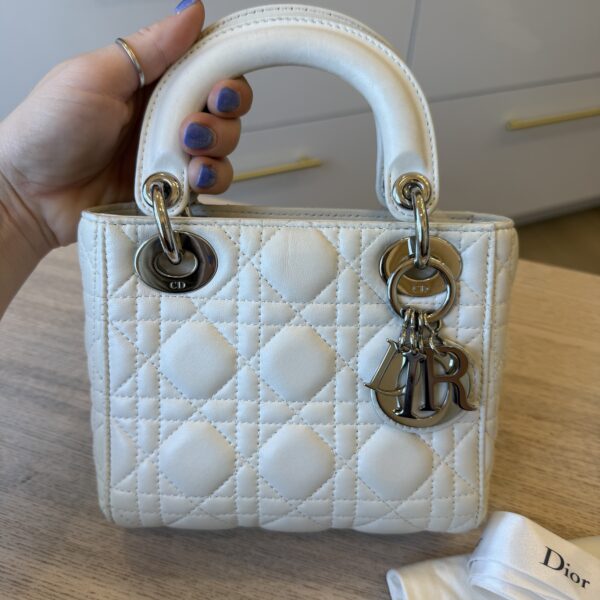 CHRISTIAN DIOR Lambskin Cannage Mini Lady Dior White SHW