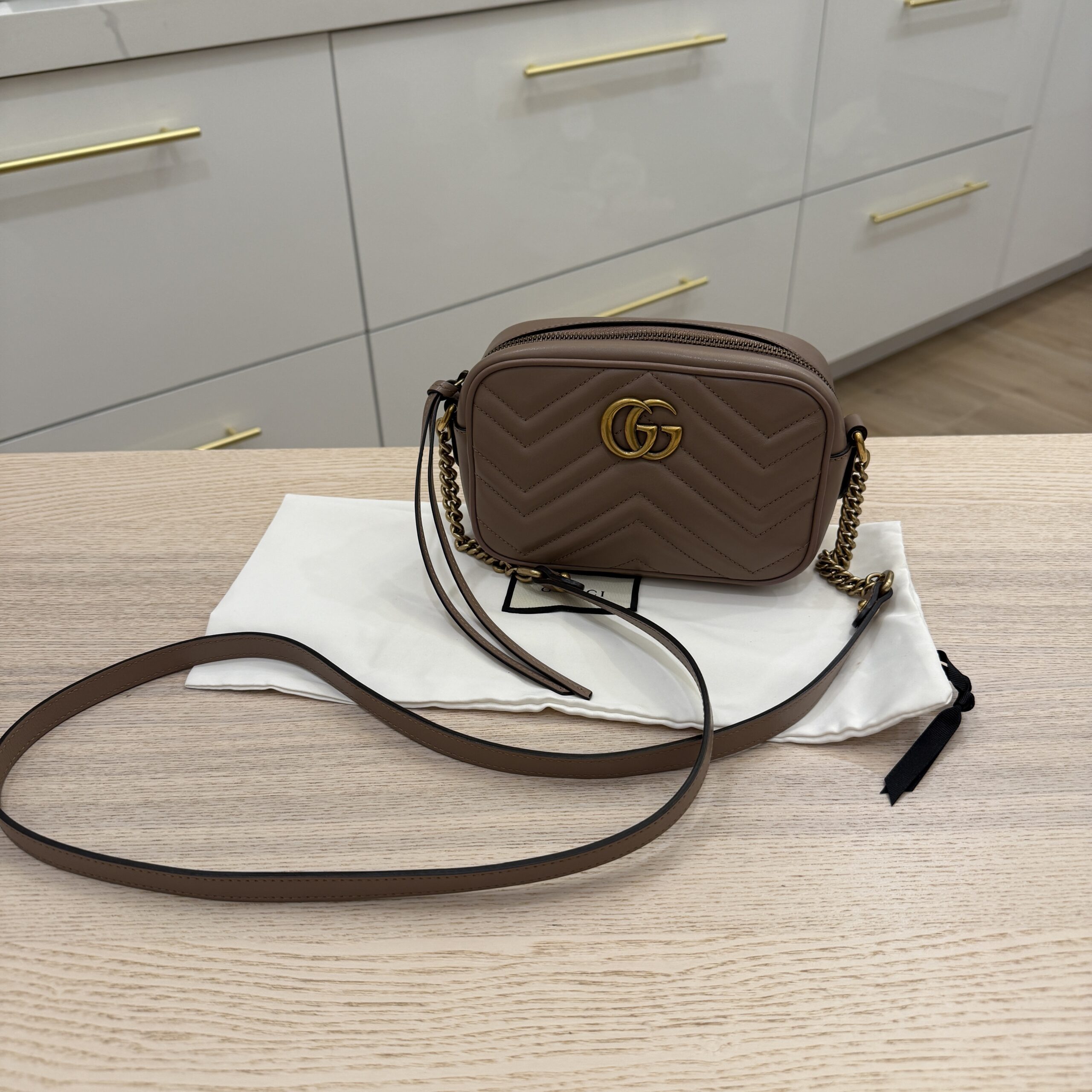 Gucci Calfskin Matelasse Mini GG Marmont Chain Shoulder Bag Porcelain Rose