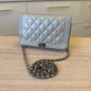 Chanel Lambskin Chevron Boy Wallet On Chain WOC Silver Metallic