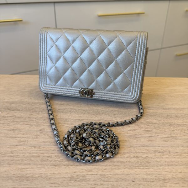 Chanel Lambskin Chevron Boy Wallet On Chain WOC Silver Metallic